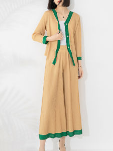 โนวาคุณภาพ⭐หนึ่งคนหนึ่งจีบ⭐Miyake ชุดสูทแฟชั่นพับได้ชุดสองชิ้นเสื้อคอวีคาร์ดิแกนขาตรงกางเกงขาม้าใหม่