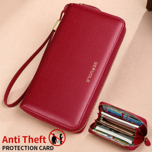 GERUOLA Anti-Theft RFID Blocking Long Sleeve Wallet with Zipper Closure Red Genuine Leather Money Clip with Zipper Pocket Dura
