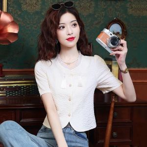 NUANKONG | Chinese Style Round Ear Collar Short Vintage Buttons Brocade Concealing Belly Blouse