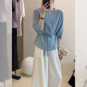 PAIBOLI | Blue Lantern Sleeve Silk Sunscreen Top Women Summer Thin Linen Waist Design Round Neck Shirt Women Casual Style Pure Color Shirt