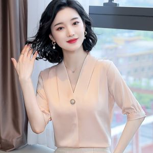 Womens Short Sleeve Chiffon Shirt Summer Fashionable Top Base Layer Shirt V-neck Regular Length Slim Fit Decorative Stitching