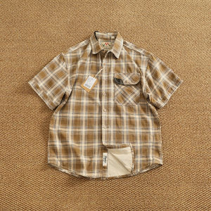 Summer New Retro Japanese Style Pure Cotton Washed Mens Loose Casual Plaid Collared Short Sleeve Workwear Shirt