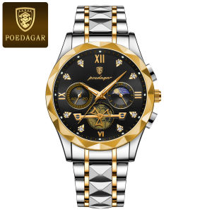 POEDAGAR Top High Quality Man Wristwatch Stainless Steel Chronograph Business Men Watch Waterproof Luminous Quartz Mens Watches