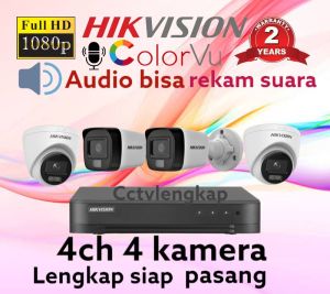 PAKET KAMERA CCTV HIKVISION 4 CHANNEL 4 KAMERA 2MP COLORVU AUDIO