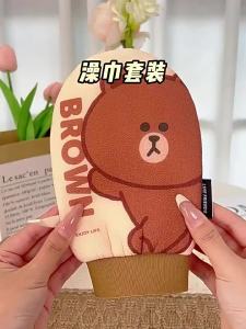 (Bundle Of 2)100% Authentic Line Friends Bath Towel Set Gloves Soft Comfortable Fine Sand Double-sided Bath Artifact Back Scrubbing Strips Bath Flower Bath Gloves LFB282