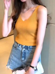 CORE Summer women knitted sleeveless top casual tank top plain V-neck top