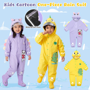 Rolanko Toddler Rain Suit Waterproof Coverall One Piece Weather Resistant Kids Raincoat Cartoon Animal Hooded Rainwear 2-8Years