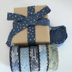 25/40MM Denim Cloth Ribbon Star Stamped Sequin Webbing for Clothing Sewing Supplies DIY Hair Bows Hat Decoration Accessories
