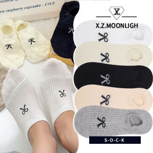 【X.Z.MOONLIGH】Sweet Bow Breathable Sweat-Absorbent Embroidered Boat Socks Anti-Falling Versatile Womens Socks Invisible Socks