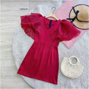 11872ชุดเดรสออกงาน เดรสสั้ แขนระบาย ชุดเพื่อนเจ้าสาว เสื้อผ้าแฟชั่น ชุดไปงานแต่ง