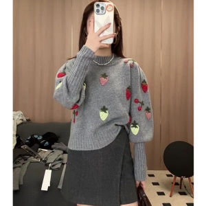 BINKAFENNY | Gray Round Neck Knitted Sweater Womens Thickened Soft Stitched Strawberry Embroidery Lazy Style Top For Autumn Winter