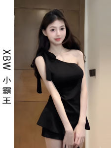 Áo Vest Không Đều Màu Đen Cổ Chéo Ngắn Mùa Hè Thiết Kế Cho Nữ Tay Ngắn Dáng Ôm Cotton Polyester Phong Cách Công Sở Thường Ngày