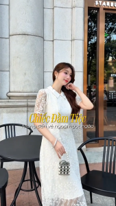 Đầm thiết kế cao cấp BEMINE cổ sen đính cúc phối ren dáng dài-T119