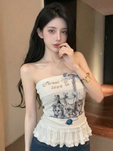 GUZILIAN | Korean Style Spicy Cute Cat Print Bustier Top