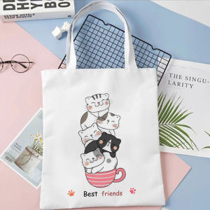 Tas Serut Tote Bag Motif Kucing Cat Lucu Aesthetic Kanvas Wanita Goodie Bag Souvenir Ulang Tahun