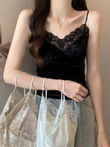 Lace Patchwork Velvet Camisole Vest Womens plus Size Slimming Inner Wear with Chest Pad Beautiful Back Top for Autumn