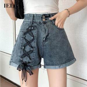IELGY Ladies Thin High Waist Versatile Lace up Denim Shorts
