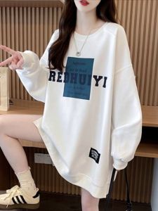 Thickened Fleece Pure Cotton Hoodless round Neck Sweatshirt Womens Midi Length Butt Covering Shark Pants Matching Autumn Winter
