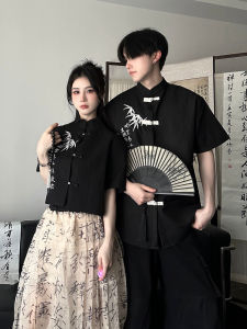 Summer New Chinese Style Tang Suit Embroidered Bamboo Leaf Short Sleeve One Skirt One Shirt Couple Set Loose Fit Regular Thickness