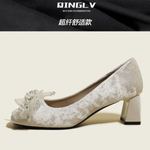 Wedding Shoes Pearl Embellished High Heels for Bride Womens Fashion Single Shoes Spring New Chinese Style Cheongsam Shoe