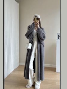 Idle Style Mid Length Long Length over the Knee Mink Sweater Outwear Female Loose Autumn Winter Retro Chic Knitting Cardigan Coat