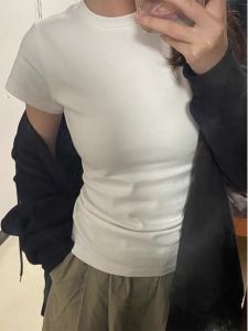 Áo Thun Cotton Màu Trắng Tay Ngắn Ôm Vừa Vặn Phong Cách Mỹ Dành Cho Nữ Mùa Hè 2024 Áo Thun Nữ Cổ Tròn Tay Ngắn Màu Trơn