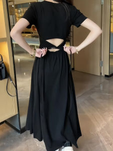 Summer New Womens Short Sleeve Dress Back Hollow out Belted Design Breathable High Waist A-Line Skirt Casual Style Dress