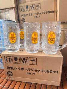 Suntory Whisky Beer Mug 380ml Clear Glass with Yellow Label Handle Design 6pcs