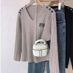 เสื้อสเวตเตอร์คอวีหลวมๆ สำหรับผู้หญิง ทรงหลวม สไตล์เกาหลี ปกติ แขนยาว ปกติ เสื้อคลุมกันหนาว ฤดูใบไม้ร่วง/ฤดูหนาว