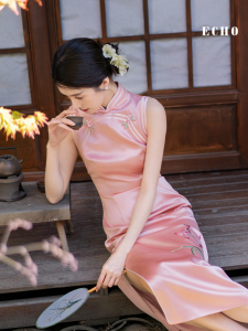 Echo Bridal New Chinese Style Embroidered Cheongsam Engagement Pink National Style Ceremony Dress Elegant Long Cheongsam