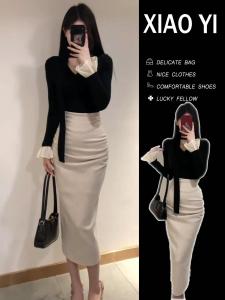 Elegant High Waist Suede Mini Skirt Womens Autumn Fashionable Versatile Straight Cut Wrap around Skirt Business Commute Style