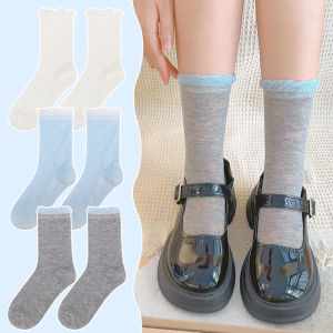 JK ถุงเท้าลูกไม้แบบเป็นก้อนกลวงสำหรับผู้หญิงถุงเท้าสำหรับใส่แบบหลวมๆย่นๆแบบลูกเรือผูกโบว์สำหรับเด็กผู้หญิงสไตล์บัลเล่ต์หวานแหวระบายอากาศได้ดี1/2นิ้ว