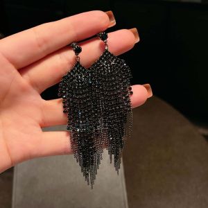 Elegant Black Long Tassel Earrings 925 Silver Needle Womens Fashion Jewelry Dangle Earrings Oversize Trendy New 2025