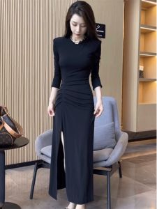 ชุดเดรสยาวแขนยาวสไตล์ฝรั่งเศสหรูหราสำหรับผู้หญิงในฤดูใบไม้ร่วง กระโปรงทรงเอเข้ารูป เอวสูง ทรงเอ กระโปรงทรงเอ