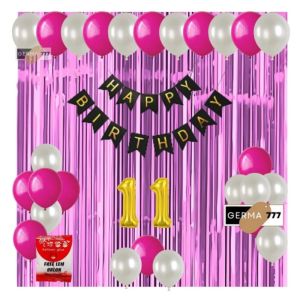 PAKET SET DEKORASI ULANG TAHUN / BANNER HAPPY BIRTHDAY HITAM BALON PUTIH MIX TIRAI PINK MUDA