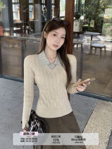 Design Fashionable Slim Fitting Polo Neck Plaid Mock Layered Knitwear