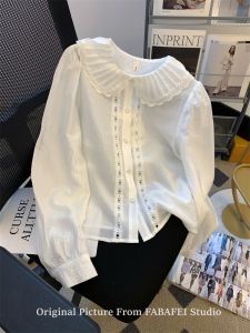 French Lace Doll Collar Shirt Womens Spring Style Hollow out Hook Flower Shirt Silk Material Long Sleeve Straight Cut