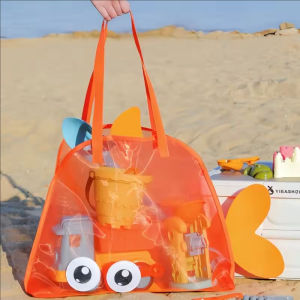 Cute Fish Shape Mesh Beach Bag Large Capacity Kids Sand Toy Storage Tote Bag Lightweight Foldable Swim Pool Bag