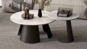 Bàn trà đôi Sofa phòng khách mặt đá tròn chân kim loại sơn tĩnh điện nhiều màu BT-01 hiện đại sang trọng