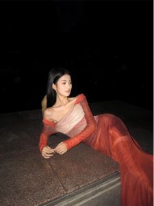 French Oil Painting Fishbone Halter Dress Womens Autumn Spring Color Collision Elegance Fish Tail Skirt Long Sleeve Maxi Dress