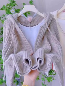 Red Knitted Short Coat with Zipper And Hood for Women Autumn Winter Fashionable Cardigan Outerwear Lucky Dragon Year 2024