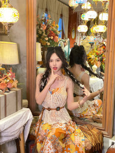 โบฮีเมียนวินเทจ ผ้าไหม เชือกแขวนคอพิมพ์ เดรส วันหยุดเทพนิยายพิเศษยาว เดรส ชนเผ่า สไตล์ คอวี หลวม เอว แขนกุด กระโปรงทรงเอ