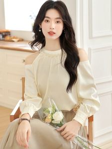 เสื้อเชิ้ตผ้าซาตินอะซิเตทสไตล์ฝรั่งเศสสำหรับผู้หญิง แขนยาว คอวี ทรงหลวม สไตล์ฤดูใบไม้ร่วง ดีไซน์เก๋ไก๋ เสื้อผ้าทำงาน