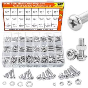 900pcs Stainless Steel Nuts Bolts Kit M3 M4 M5 M6 Metric Screw Set with Flat Washers Phillips Pan Head Machine Fasteners