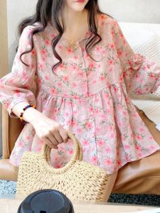 New Summer Floral Print Loose Womens Shirt Korean Style Commute Long Sleeve round Neck Mid-Length Fashionable Lantern Sleeve