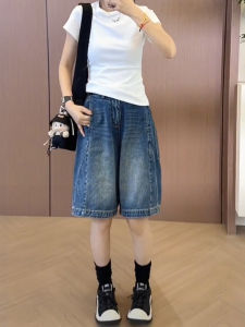 กางเกงขาสั้นยีนส์ทรงตรงเอวสูงสำหรับผู้หญิงไซส์ใหญ่ กางเกงขายาวทรงตรงทรงบางสำหรับฤดูร้อน ทรงหลวม ทรงหลวม ทรงหลวม