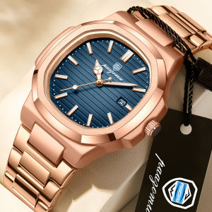 Business Mens Rose Gold Blue Striped Dial Watch Stainless Steel Strap Calendar Waterproof Quartz Sports Watch Birthday Gift