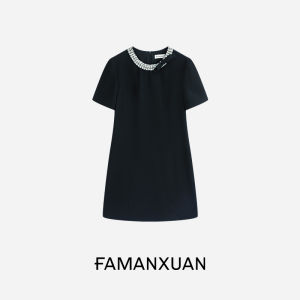 FAMANXUAN | Blue Audrey Hepburn Style Crystal Collar Dress with Bow