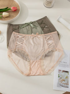 พลัสไซส์ ลูกไม้ กางเกงใน ผู้หญิงสบายกลาง เอว ระบายอากาศได้ดี ตาข่าย โปร่งแสง เซ็กซี่บางไม่มีรอยต่อ ฤดูร้อน ชุดชั้นในสามเหลี่ยม กางเกง