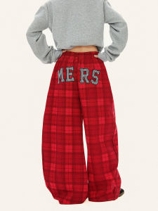 American Style Casual Pants for Women with Patchwork Letter Embroidery Plaid Wide Leg Pants Loose Fit Sports Slimming